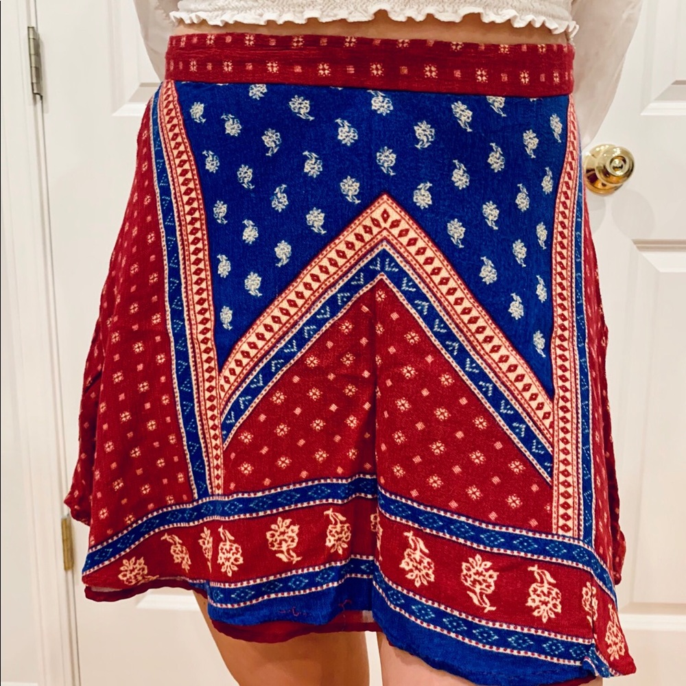 F21 Blue and Red Boho Patterned Mini Skirt